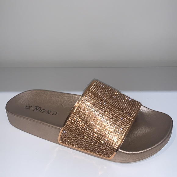 SPARKLY RHINESTONE ROSE GOLD SLIDES - Picture 4 of 8